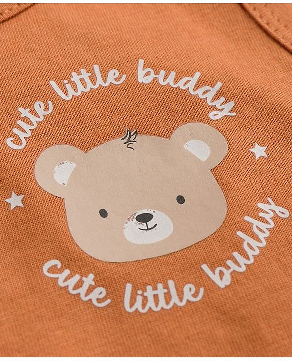 Babyhug 100% Cotton Single Jersey Knit Sleeveless Antibacterial Striped Sando With Teddy Print Pack of 3 - OffWhite, Orange & Rust Orange