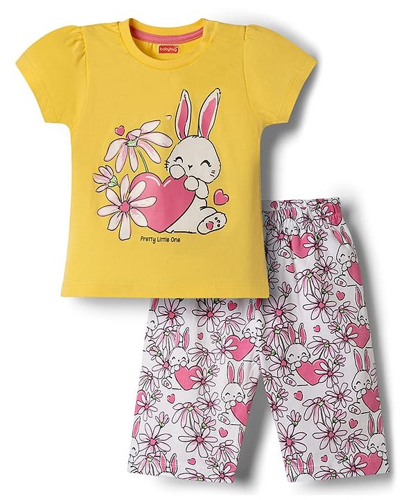 Babyhug 100% Cotton Knit Half Sleeves T-Shirt & Capri Night Suit with Floral & Bunny Print - Yellow
