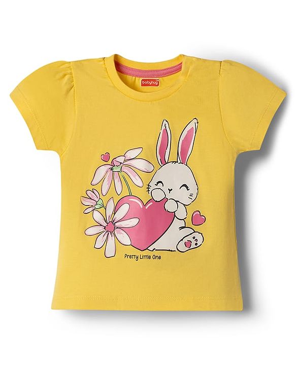 Babyhug 100% Cotton Knit Half Sleeves T-Shirt & Capri Night Suit with Floral & Bunny Print - Yellow