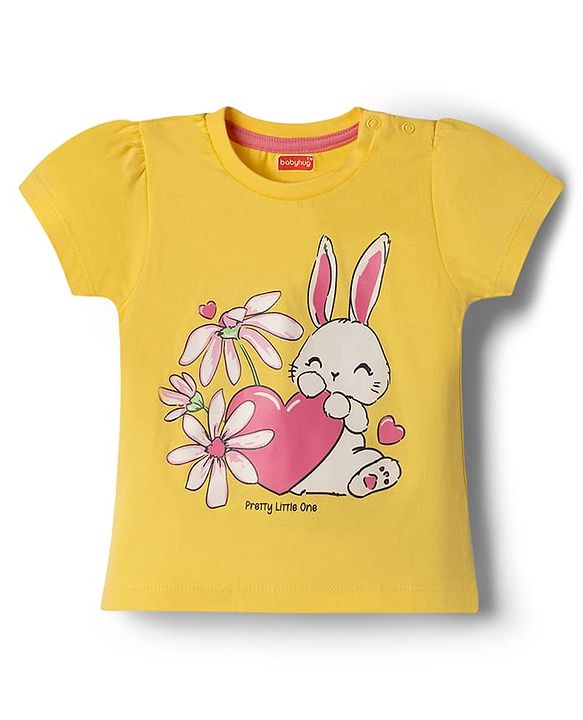 Babyhug 100% Cotton Knit Half Sleeves T-Shirt & Capri Night Suit with Floral & Bunny Print - Yellow