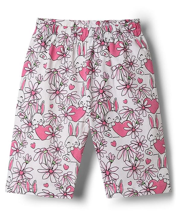 Babyhug 100% Cotton Knit Half Sleeves T-Shirt & Capri Night Suit with Floral & Bunny Print - Yellow