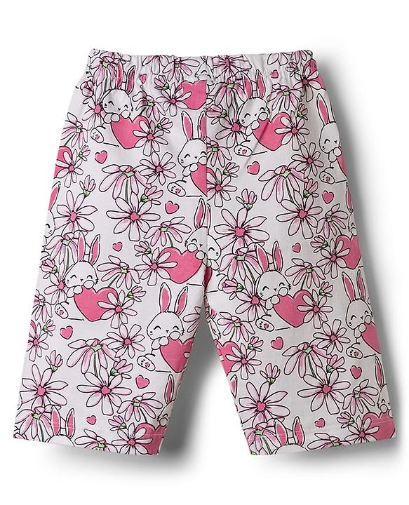 Babyhug 100% Cotton Knit Half Sleeves T-Shirt & Capri Night Suit with Floral & Bunny Print - Yellow