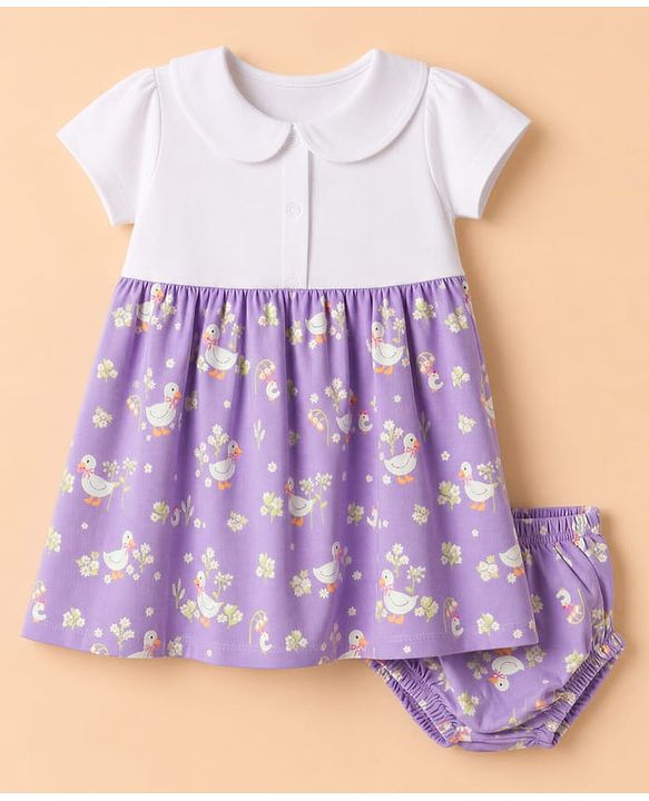 Babyhug 100% Cotton Knit Half Sleeves Floral Printed Frock With Bloomer - Lavender