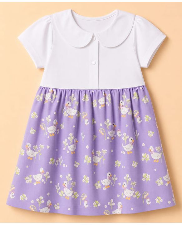 Babyhug 100% Cotton Knit Half Sleeves Floral Printed Frock With Bloomer - Lavender