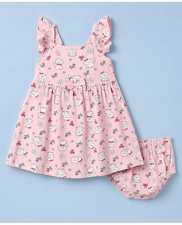 Babyhug 100% Cotton Single Jersey Knit Sleeveless Cat Printed Frock with Bloomer - Pink