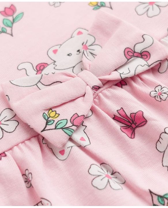 Babyhug 100% Cotton Single Jersey Knit Sleeveless Cat Printed Frock with Bloomer - Pink