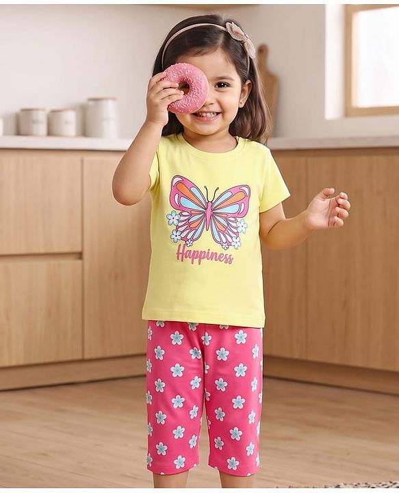Babyhug 100% Cotton Knit Half Sleeves T-Shirt & Capri Night Suit With Butterfly & Floral Print - Yellow / Pink