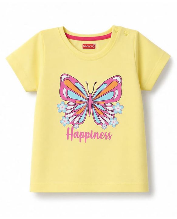Babyhug 100% Cotton Knit Half Sleeves T-Shirt & Capri Night Suit With Butterfly & Floral Print - Yellow / Pink