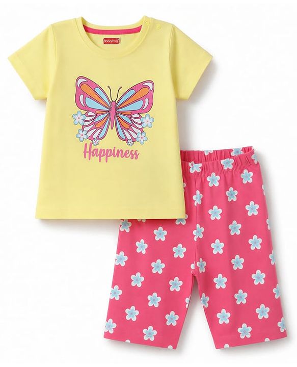 Babyhug 100% Cotton Knit Half Sleeves T-Shirt & Capri Night Suit With Butterfly & Floral Print - Yellow / Pink