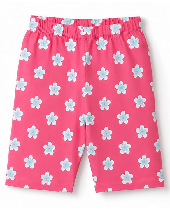 Babyhug 100% Cotton Knit Half Sleeves T-Shirt & Capri Night Suit With Butterfly & Floral Print - Yellow / Pink
