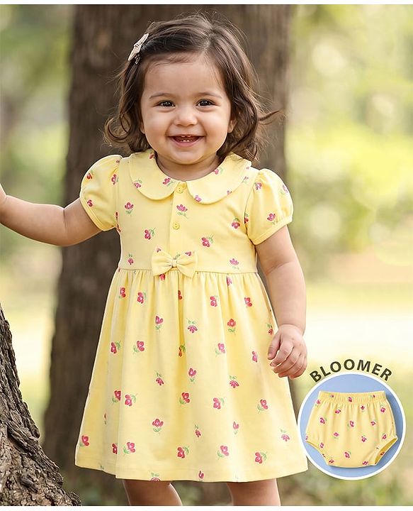Babyhug 100% Cotton Single Jersey Knit Half Sleeves Floral Printed Frock With Bloomer With Bow Applique - Yellow