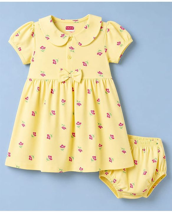 Babyhug 100% Cotton Single Jersey Knit Half Sleeves Floral Printed Frock With Bloomer With Bow Applique - Yellow