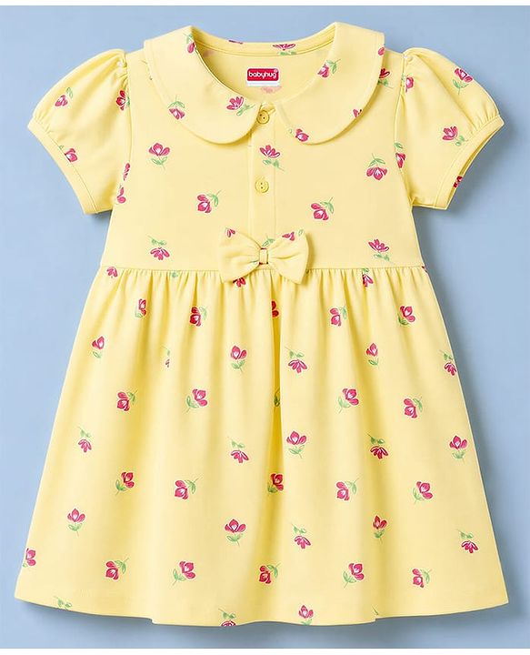 Babyhug 100% Cotton Single Jersey Knit Half Sleeves Floral Printed Frock With Bloomer With Bow Applique - Yellow