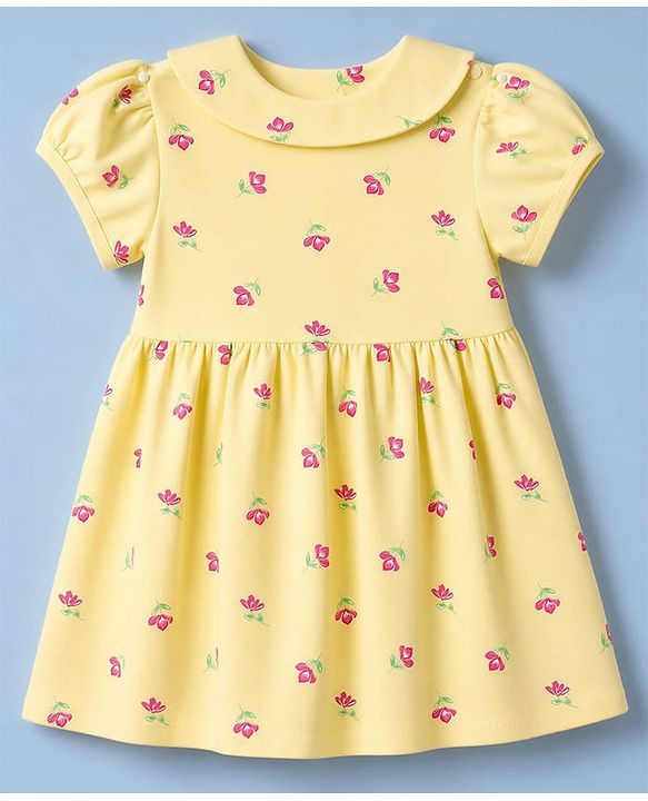 Babyhug 100% Cotton Single Jersey Knit Half Sleeves Floral Printed Frock With Bloomer With Bow Applique - Yellow