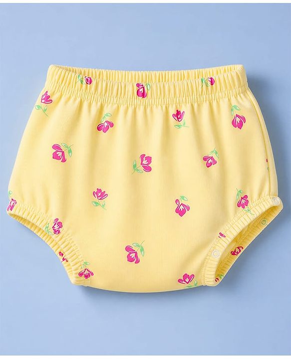 Babyhug 100% Cotton Single Jersey Knit Half Sleeves Floral Printed Frock With Bloomer With Bow Applique - Yellow