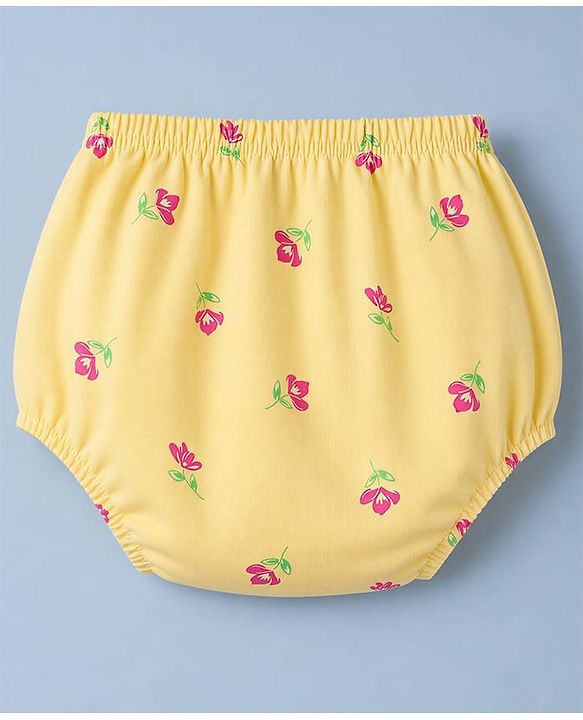 Babyhug 100% Cotton Single Jersey Knit Half Sleeves Floral Printed Frock With Bloomer With Bow Applique - Yellow