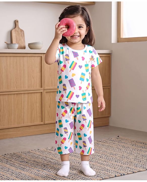 Babyhug 100% Cotton Knit Half Sleeves Hearts & Popsicles Printed Co-Ords T-Shirt & Capri Night Suit - White