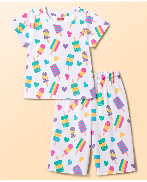 Babyhug 100% Cotton Knit Half Sleeves Hearts & Popsicles Printed Co-Ords T-Shirt & Capri Night Suit - White
