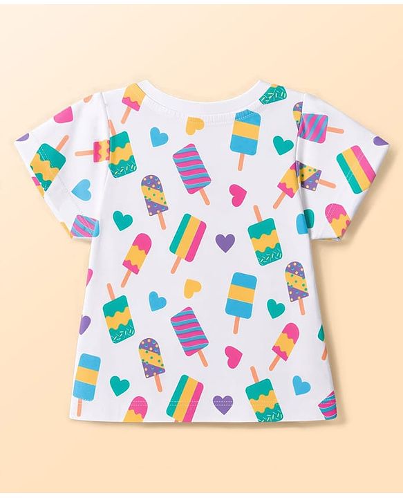 Babyhug 100% Cotton Knit Half Sleeves Hearts & Popsicles Printed Co-Ords T-Shirt & Capri Night Suit - White