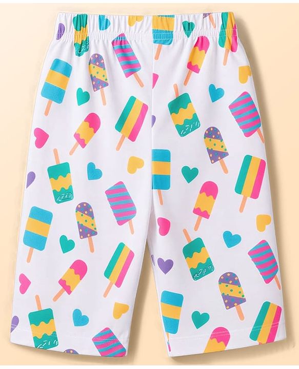Babyhug 100% Cotton Knit Half Sleeves Hearts & Popsicles Printed Co-Ords T-Shirt & Capri Night Suit - White