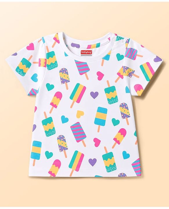 Babyhug 100% Cotton Knit Half Sleeves Hearts & Popsicles Printed Co-Ords T-Shirt & Capri Night Suit - White