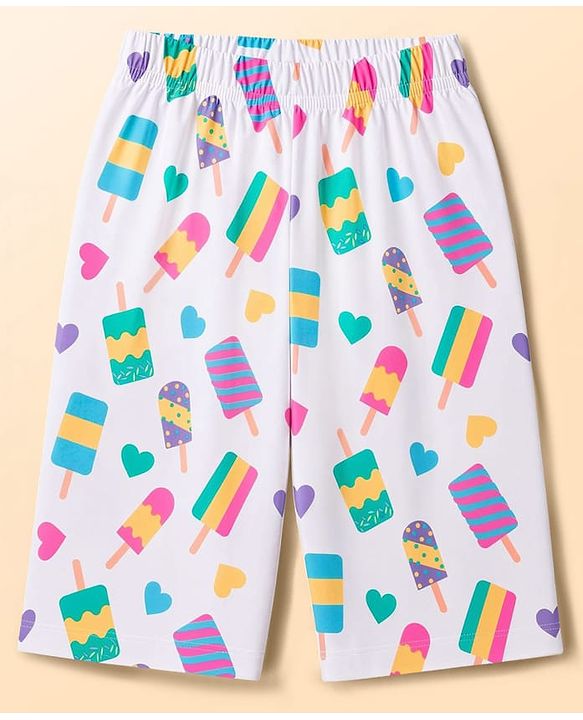 Babyhug 100% Cotton Knit Half Sleeves Hearts & Popsicles Printed Co-Ords T-Shirt & Capri Night Suit - White