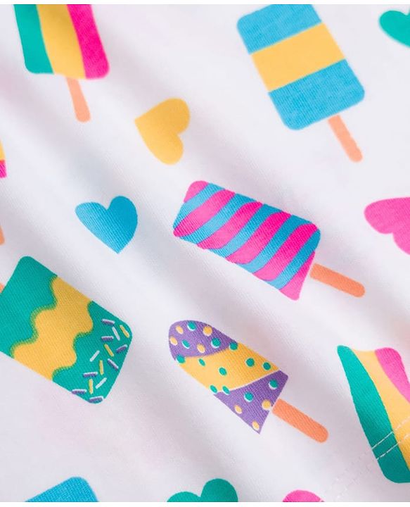 Babyhug 100% Cotton Knit Half Sleeves Hearts & Popsicles Printed Co-Ords T-Shirt & Capri Night Suit - White