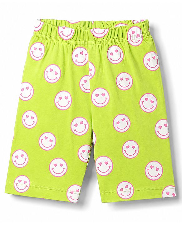 Babyhug 100% Cotton Knit Half Sleeves T-Shirt & Capri Night Suit with Smile Print - Lime