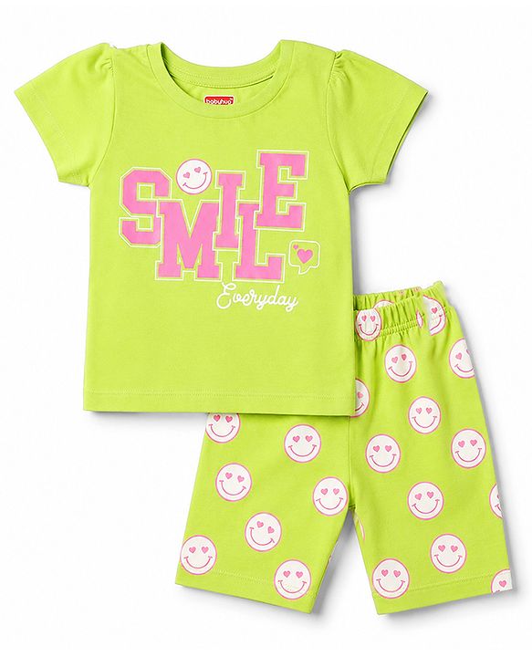 Babyhug 100% Cotton Knit Half Sleeves T-Shirt & Capri Night Suit with Smile Print - Lime