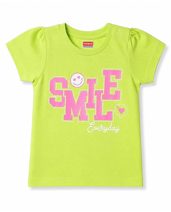 Babyhug 100% Cotton Knit Half Sleeves T-Shirt & Capri Night Suit with Smile Print - Lime