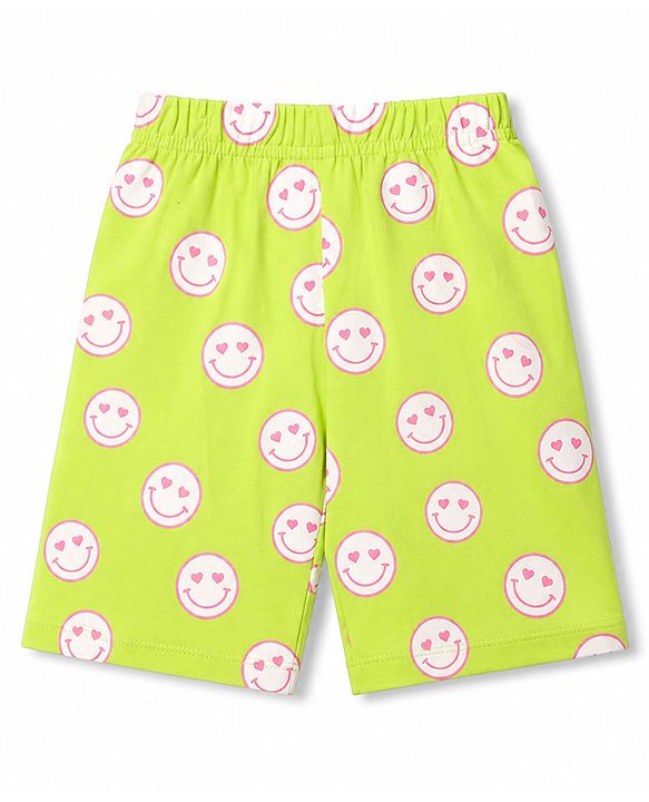 Babyhug 100% Cotton Knit Half Sleeves T-Shirt & Capri Night Suit with Smile Print - Lime