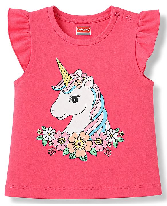Babyhug 100% Cotton Knit Half Sleeves T-Shirt & Capri Night Suit Unicorn Print - Pink