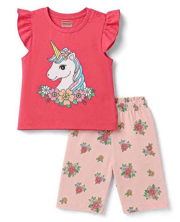 Babyhug 100% Cotton Knit Half Sleeves T-Shirt & Capri Night Suit Unicorn Print - Pink