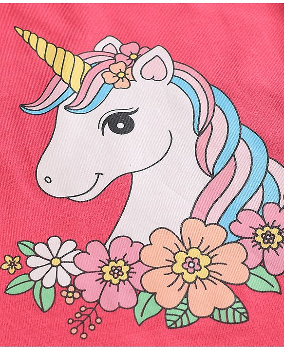 Babyhug 100% Cotton Knit Half Sleeves T-Shirt & Capri Night Suit Unicorn Print - Pink