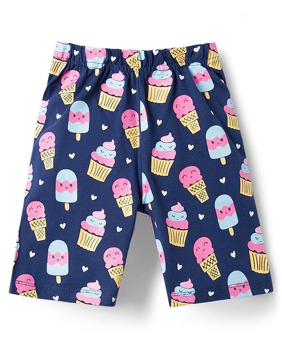 Babyhug 100% Cotton Knit Half Sleeves T-Shirt & Capri Night Suit with Dessert Print - Navy