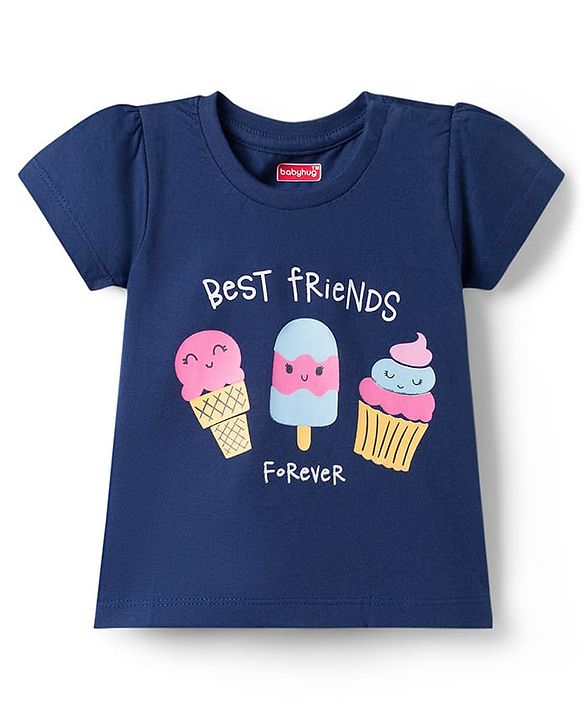 Babyhug 100% Cotton Knit Half Sleeves T-Shirt & Capri Night Suit with Dessert Print - Navy