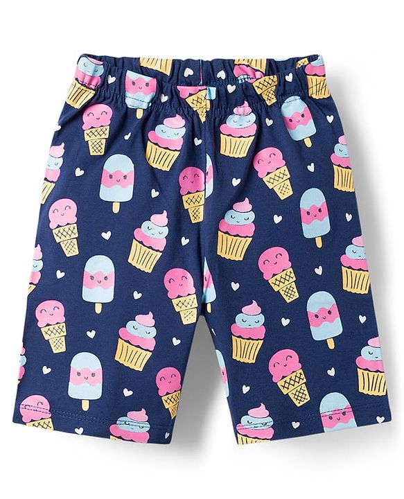 Babyhug 100% Cotton Knit Half Sleeves T-Shirt & Capri Night Suit with Dessert Print - Navy