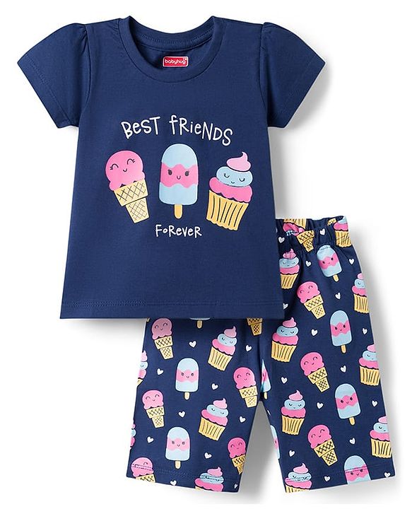 Babyhug 100% Cotton Knit Half Sleeves T-Shirt & Capri Night Suit with Dessert Print - Navy