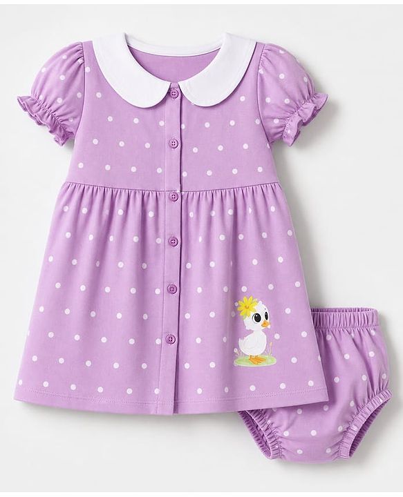 Babyhug 100% Cotton Single Jersey Knit Short Sleeves Frock and Bloomer with Polka Dot & Duck Print - Lavender