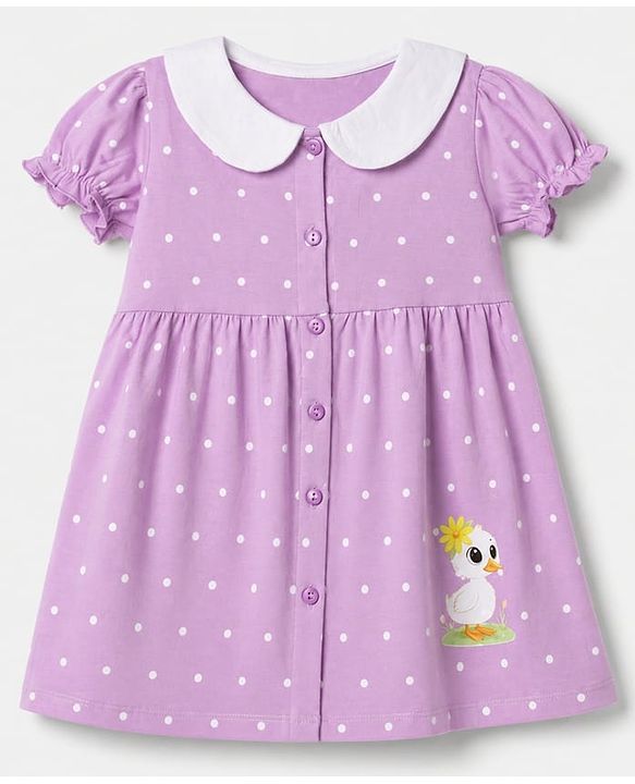 Babyhug 100% Cotton Single Jersey Knit Short Sleeves Frock and Bloomer with Polka Dot & Duck Print - Lavender