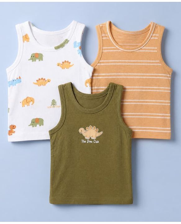 Babyhug 100% Cotton Single Jersey Knit Antibacterial Vest with Stripes & Dinosaur Print Pack of 3 - White Orange & Green