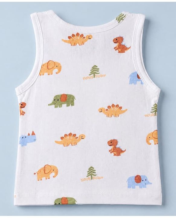 Babyhug 100% Cotton Single Jersey Knit Antibacterial Vest with Stripes & Dinosaur Print Pack of 3 - White Orange & Green