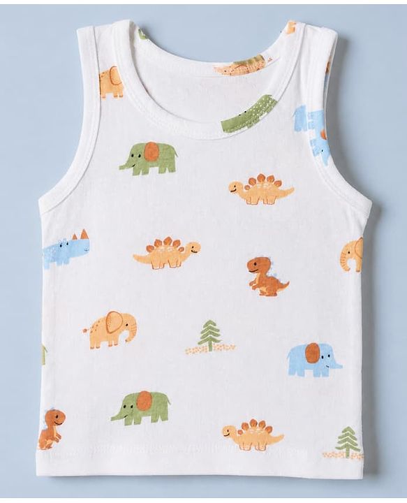 Babyhug 100% Cotton Single Jersey Knit Antibacterial Vest with Stripes & Dinosaur Print Pack of 3 - White Orange & Green