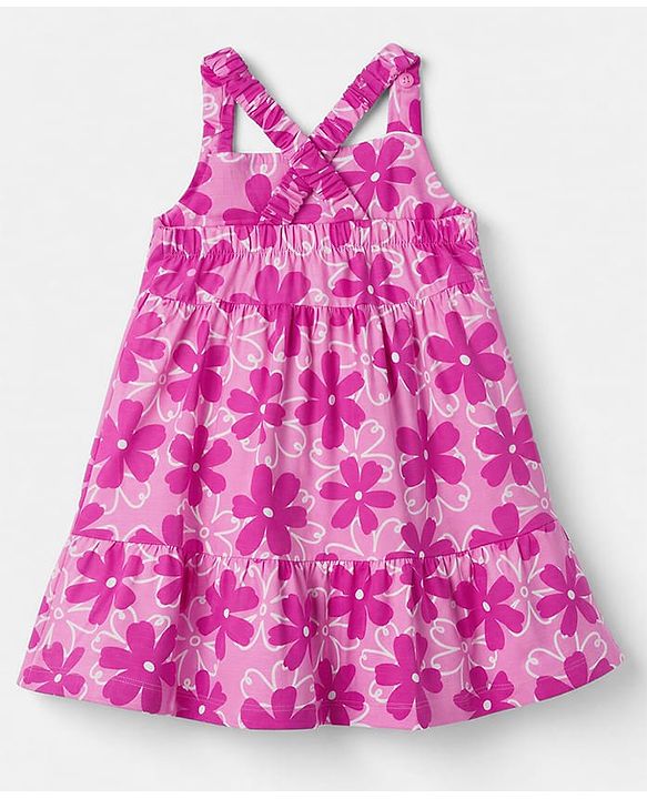 Babyhug 100% Cotton Single Jersey Knit One Piece Dress with Sleeveless Styling and Floral Print - Pink