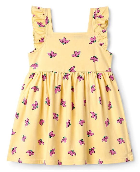 Babyhug 100% Cotton Knit Frock with Ruffle Sleeves and Floral Print - Yellow