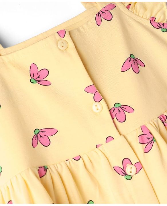 Babyhug 100% Cotton Knit Frock with Ruffle Sleeves and Floral Print - Yellow