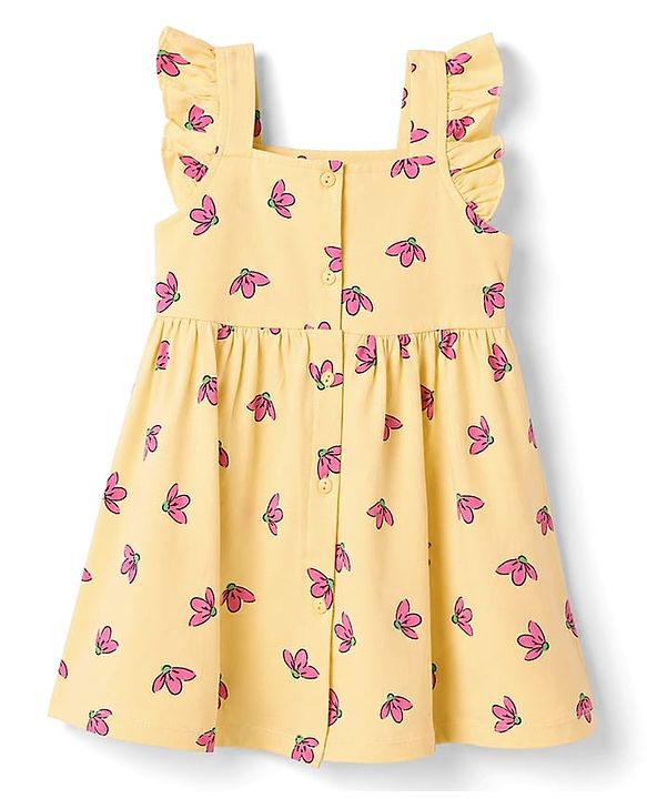 Babyhug 100% Cotton Knit Frock with Ruffle Sleeves and Floral Print - Yellow