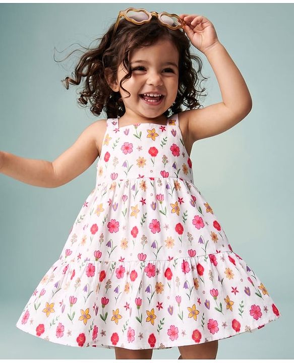 Babyhug 100% Cotton Single Jersey Knit Sleeveless One Piece Dress with Floral Print - White