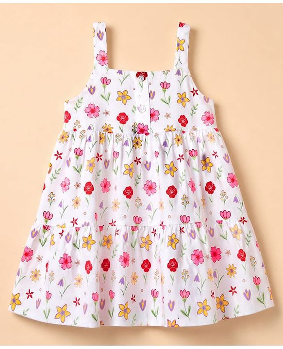 Babyhug 100% Cotton Single Jersey Knit Sleeveless One Piece Dress with Floral Print - White