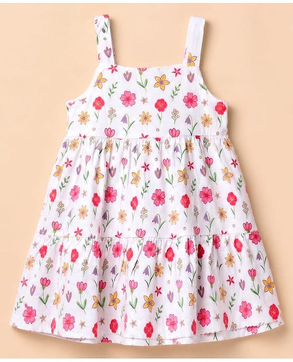 Babyhug 100% Cotton Single Jersey Knit Sleeveless One Piece Dress with Floral Print - White